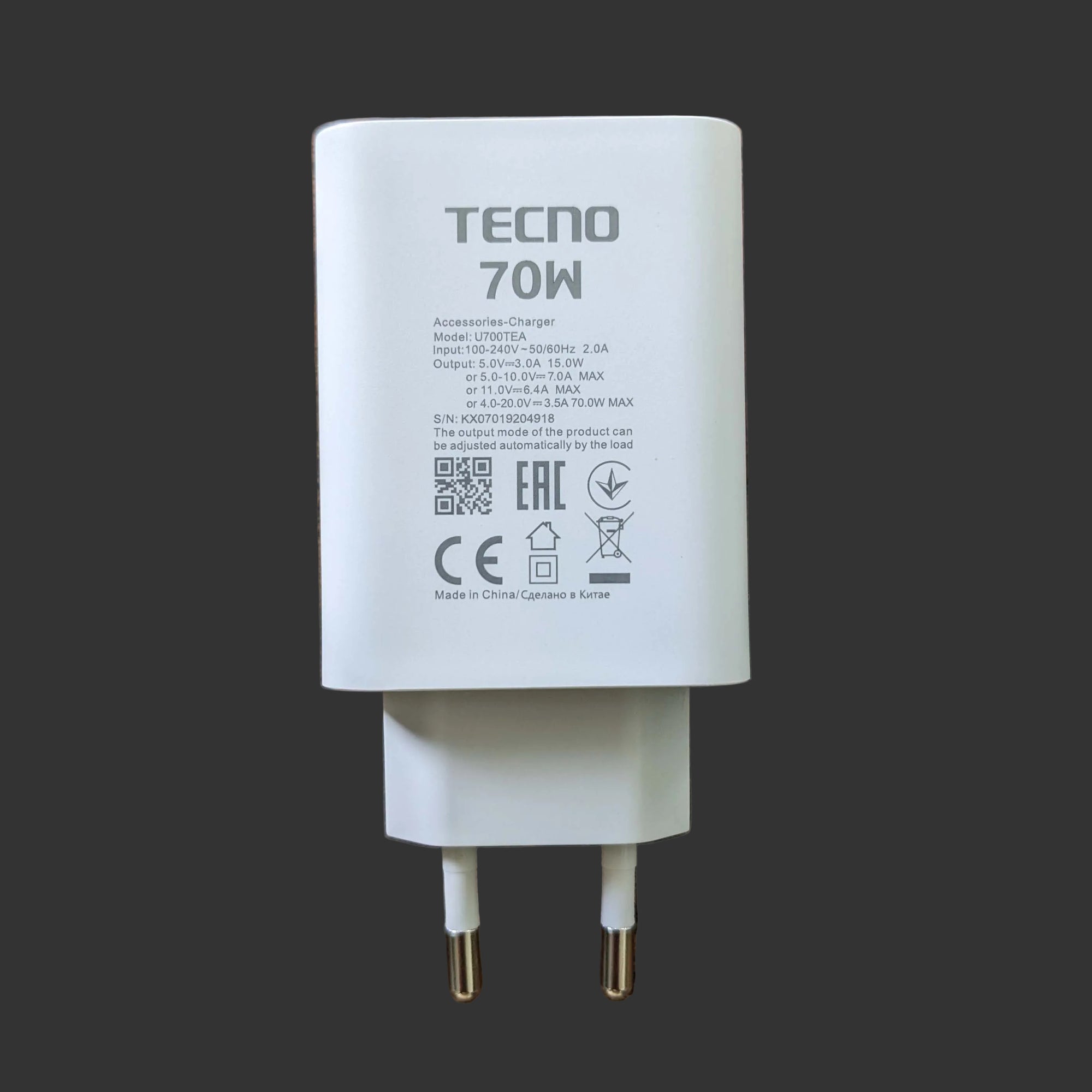 Tecno 70W Ultra FlashCharge Fast Charger | 100% Original + Free Cable [Open Parcel Allowed]