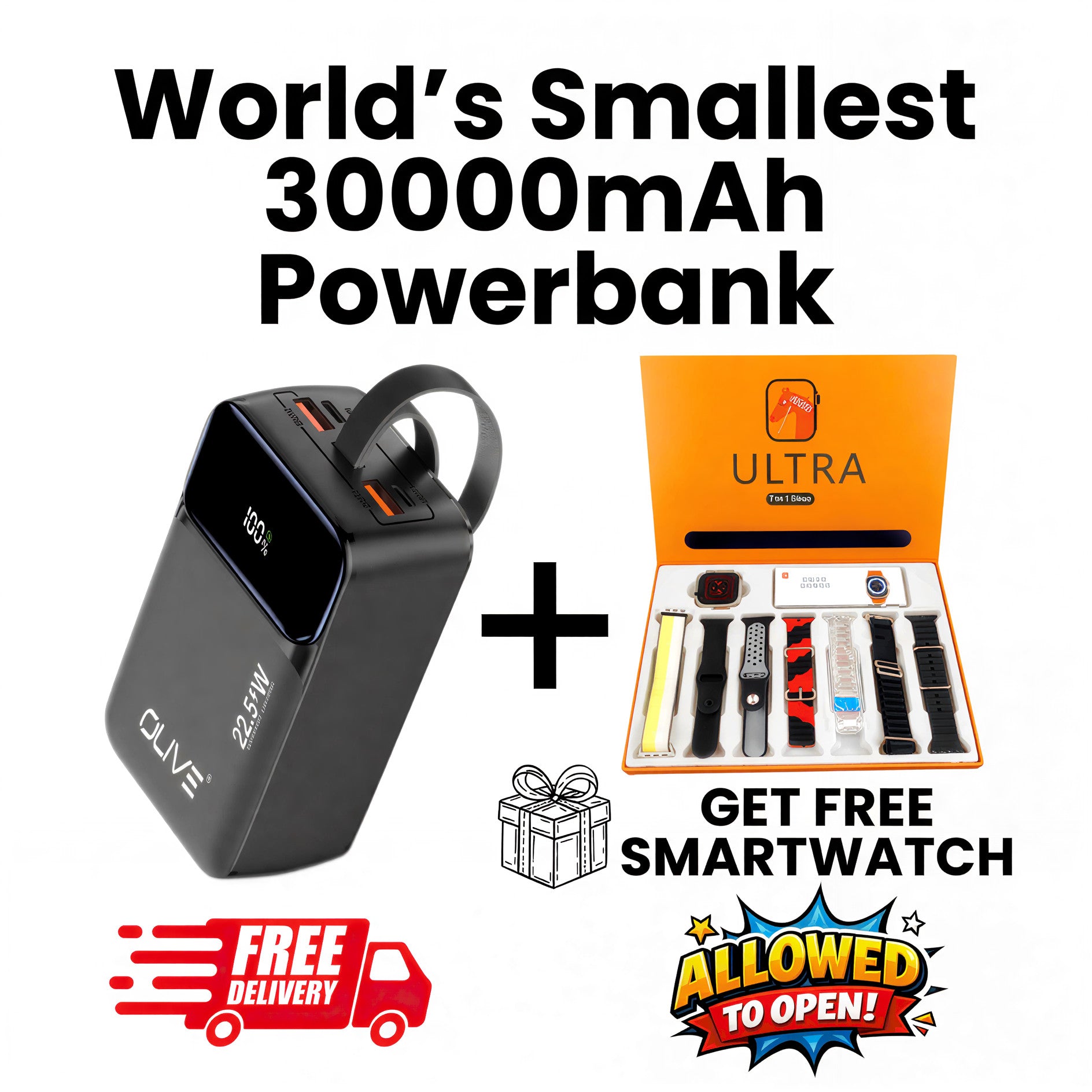 Chargezilla World's Smallest 30000mAh Powerbank With Free Ultra 7-in-1 Smartwatch