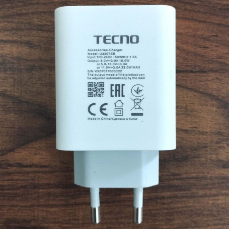 Tecno 33W FlashCharge / Ultra Fast Charger | 100% Original + Free Cable [Open Parcel Allowed]