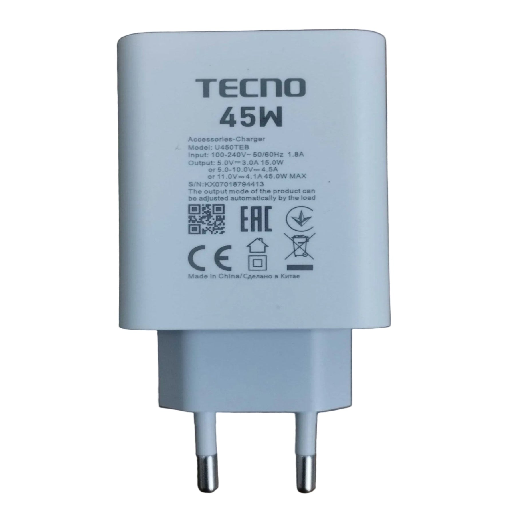 TECNO 45W Fast Charger | 100% Original + Free Cable [Open Parcel Allowed]