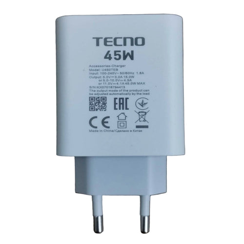 TECNO 45W Fast Charger | 100% Original + Free Cable [Open Parcel Allowed]