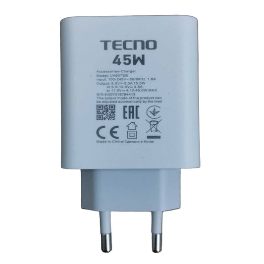 TECNO 45W Fast Charger | 100% Original + Free Cable [Open Parcel Allowed]