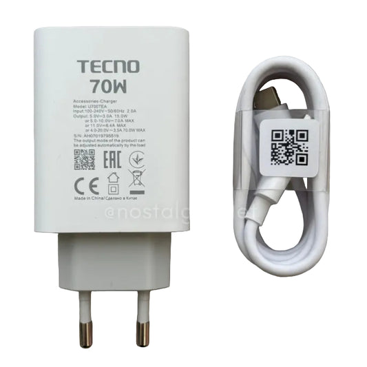 Tecno 70W Ultra FlashCharge Fast Charger | 100% Original + Free Cable [Open Parcel Allowed]